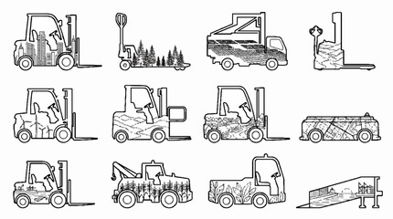 Obraz premium Collection of industrial forklift and warehouse machinery line art illustrations with textured patterns.