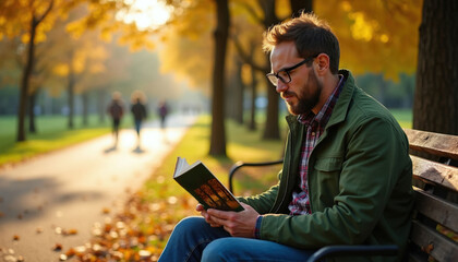 Obraz premium Man with glasses reads book on park bench in warm autumn sunlight. Fallen leaves carpet the ground as people stroll on path. Peaceful scene promotes quiet contemplation and learning.