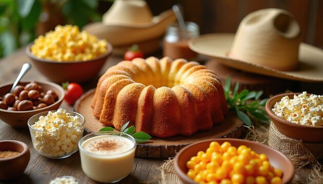 Traditional Festa Junina spread features bundt cake, popcorn, corn, peanuts on rustic wooden table. Festive rural celebration food setup with straw hats in background. Sweet, savory treats for