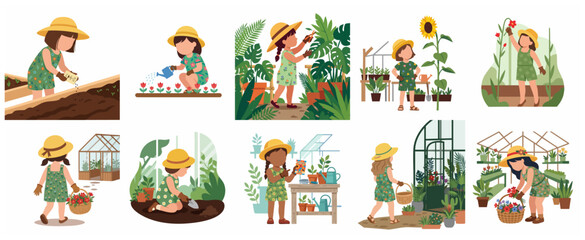 Naklejka premium Cute little girls gardening set, young kids planting flowers, watering plants and working in greenhouse vector illustrations