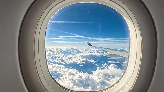 View of airplane wing and fluffy clouds through a round cabin window