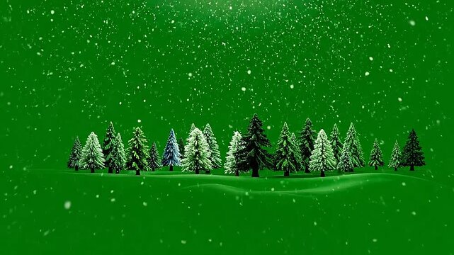 Snow falling over a row of pine trees on a green background