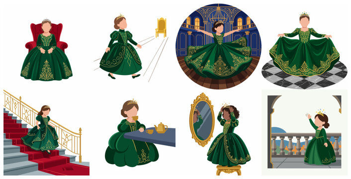 Set of little girl princess character illustrations in emerald green royal dress