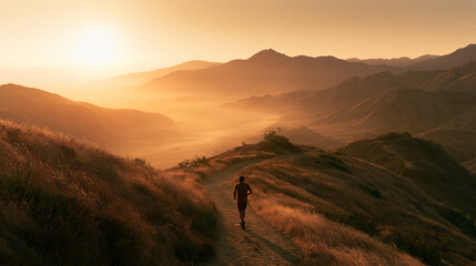 Obraz premium Runner corriendo en sendero de montaña al amanecer con paisaje natural y luz dorada