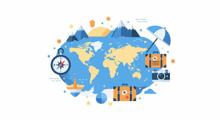 Naklejka premium Global Travel and Tourism Illustration with World Map, Suitcases, Compass and Camera Icons