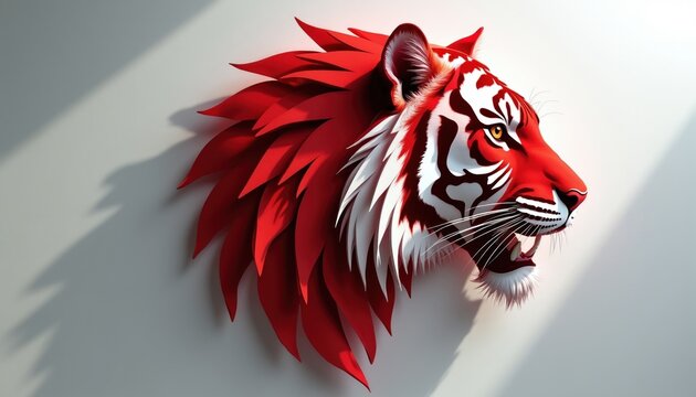 Red tiger head illustration profile. Fierce predator with white stripes on red fur. Minimalist graphic art with shadow effect. Isolated on plain background. Animal symbol.