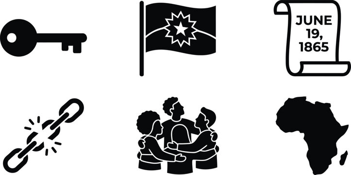 Juneteenth emancipation icon set key flag scroll broken chains and africa
