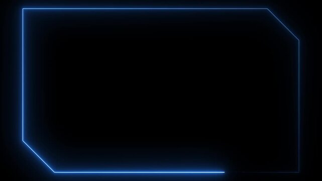 Glowing blue neon geometric frame border animation on black background abstract futuristic. Futuristic blue neon frame with glowing geometric lines. Futuristic digital tech design.