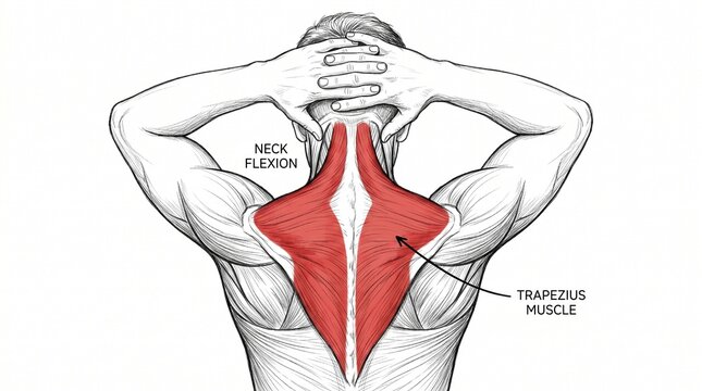 Anatomical illustration of trapezius muscle during neck flexion stretch