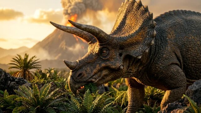 ceratopsian close up with volcano background at golden light in hell creek formation usa