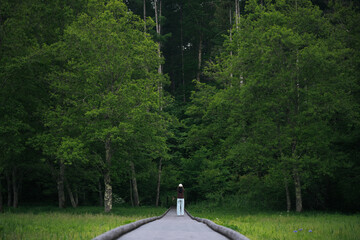 Fototapeta premium Forest path tree woman green woodland nature, solitary woman walking along narrow path through dense green forest with calm mood and lush summer foliage
