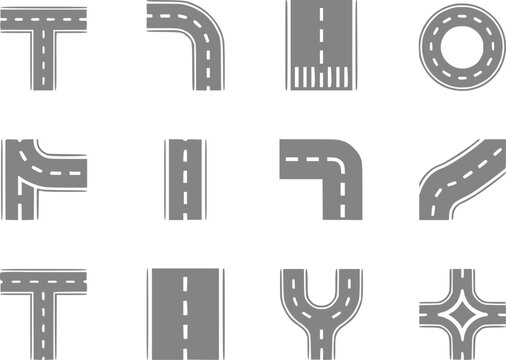Collection of stylized road intersections and curves, top-down view