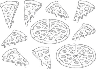 Naklejka premium Hand-drawn pepperoni pizza slices and whole pizzas in a pattern