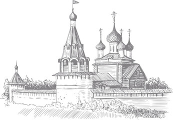 Of a russian orthodox monastery with onion domes and bell tower © Rifat