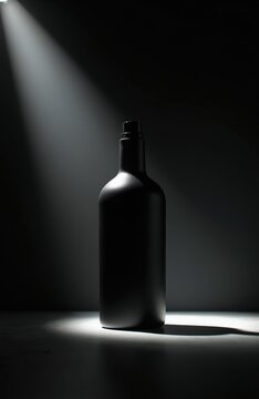 Matte black bottle stands under dramatic spotlight. Minimalist studio shot on dark background. Clean container with smooth surface and subtle shadow.