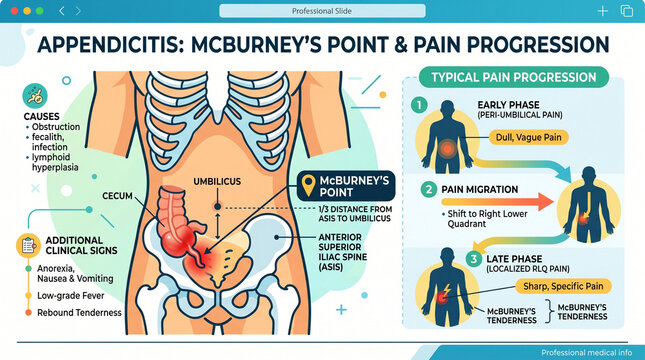 Appendicitis Pain Progression Infographic with McBurney's Point Medical Guide