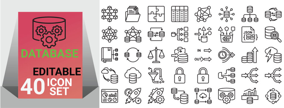 Database icons set with network storage folder management json file server backup security cloud transformation and editable line art vector elements