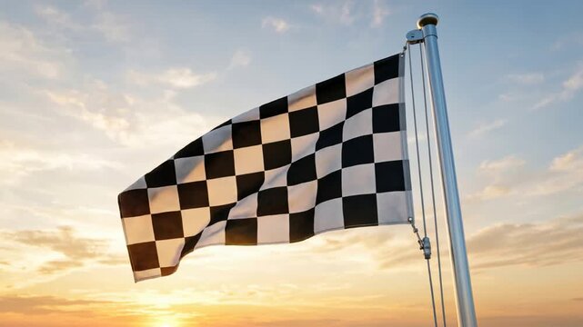 Waving checkered racing flag on a flagpole against a dramatic sunset sky.