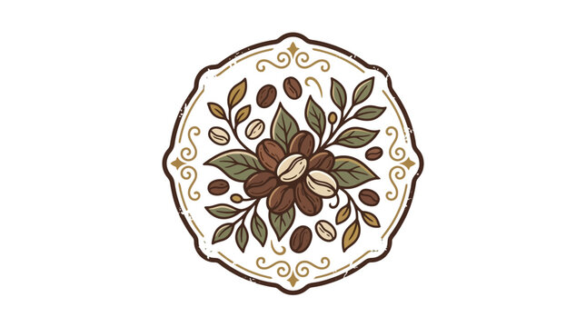 Coffee Bean Emblem with Leaves and Ornament