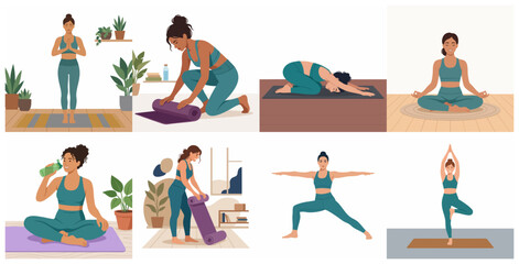 Fototapeta premium Set of women practicing yoga poses and meditation at home, healthy lifestyle vector illustrations