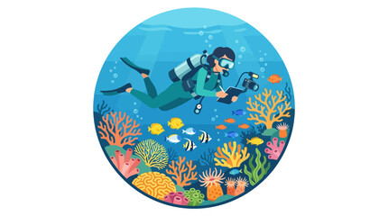 Fototapeta premium Scuba Diver Exploring Coral Reef with Underwater Camera and Notebook
