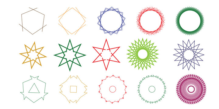 Collection of geometric shapes and starburst designs in various colors