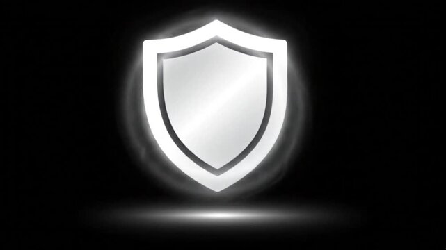 Metallic silver shield icon glowing against dark background for security and cyber protection concepts.