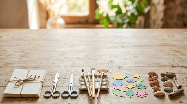 Summer workshop craft kit with blank cards, scissors, brushes, paper shapes, and natural objects
