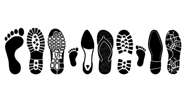 Footprints Icons Set with Various Shoe Soles in Black and White for Walking, Travel, and Movement Design