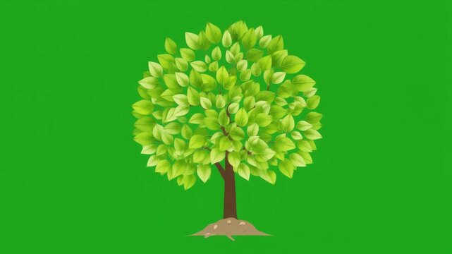 Green leaves growing tree growth cycle animation on green screen
