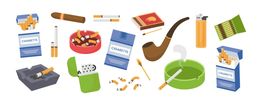 Smoking accessories set with cigarettes, lighter and pipes. Tobacco products collection with matches, ashtrays, stogie and cigar for design, bad habit concept.