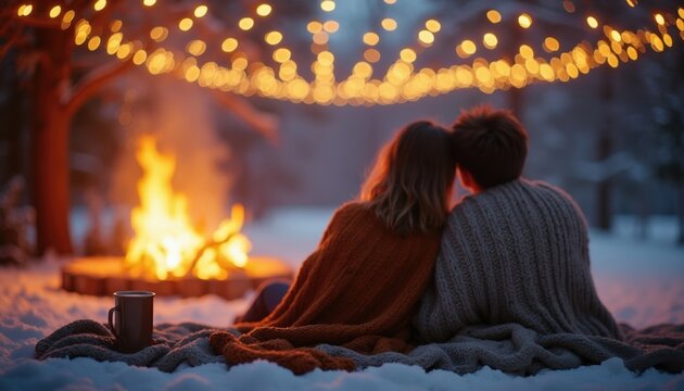 Couple sits by outdoor campfire under festive string lights. They share warmth under blankets in snowy winter night, enjoying romantic evening together. Cozy atmosphere evokes love and affection.