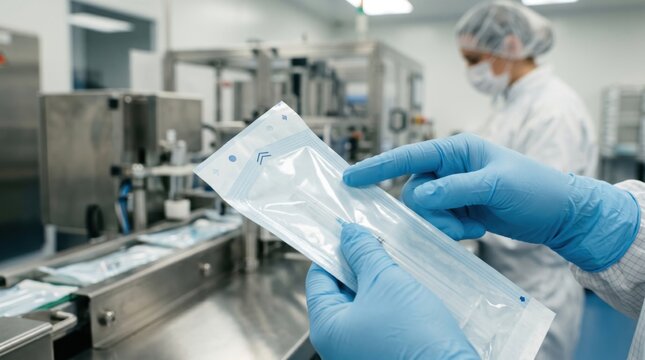 Medical device production image with protective gloves, sterile pouch and cleanroom surface, focused on safety, precision, hygiene and trusted manufacturing workflow.