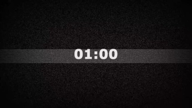 1 to 0 Minute Countdown Timer TV Static Noise VHS Tracking Glitch Bar Distorted Digital Clock Screen Loop