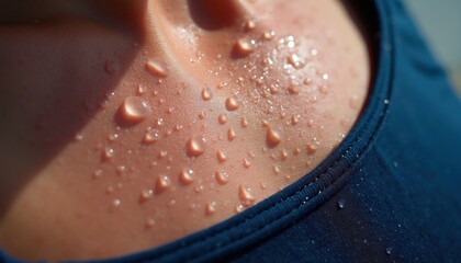 Fototapeta premium Macro shot shows skin with many sweat drops from heat hard workout. Clear water droplets gather on body surface after exertion. Moisture reflects light showing skin pores, texture during hot weather.