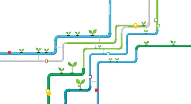 Hydroponic System Network with Growing Plants on White Background