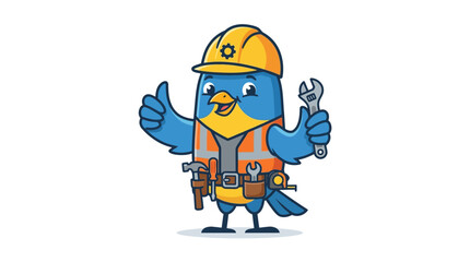 Fototapeta premium Cartoon Blue Bird Worker with Tools and Hard Hat Giving Thumbs Up