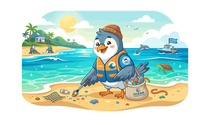 Naklejka premium Cartoon Penguin Cleaning Beach Polluted Ocean, Environmental Protection, Sustainability