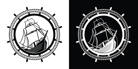 Detailed vintage ship illustration inside a classic circular nautical frame © Ahsanul