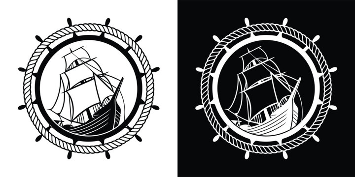 Detailed vintage ship illustration inside a classic circular nautical frame