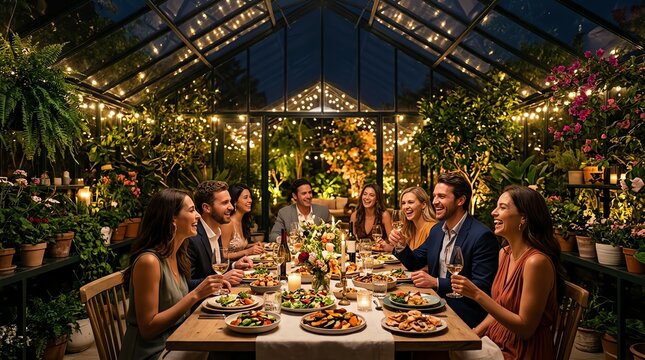 outdoor dining experience Outdoor dining experience in a vibrant greenhouse. professional commercial visual content high demand creative marketing asset realistic detail modern design concept