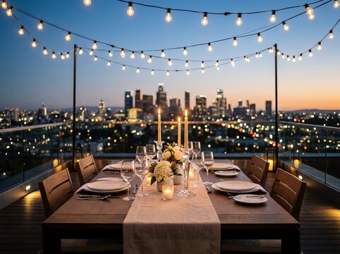 outdoor dining setup Outdoor dining setup overlooking a city skyline. professional commercial visual content high demand creative marketing asset realistic detail modern design concept