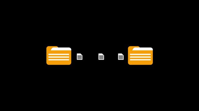 Data transfer visualization showing information exchange between digital folders. Data transfer animation. Minimalist design illustrating file exchange and network communication process.