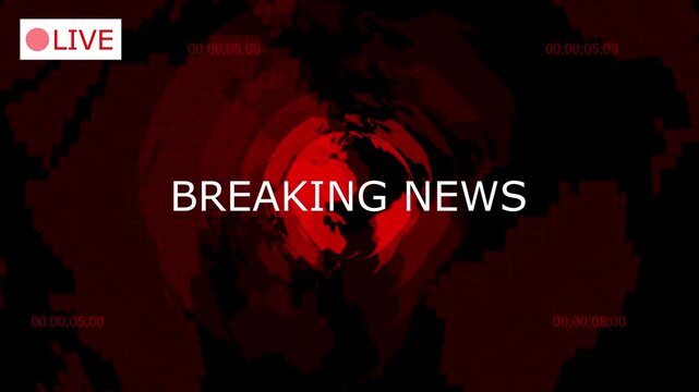 Breaking news live broadcast opening graphics for worldwide global coverage announcement. Breaking news live broadcast intro. Dynamic red and black digital template for global news presentation.