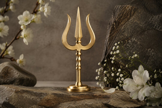 Golden trishula on stone rock with white flower. Symbol of lord shiva and hindu divinity. Trident for spiritual practice, meditation and International Day of Yoga peaceful concept.