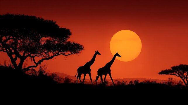 Silhouette of giraffe and zebra at sunset with full moon