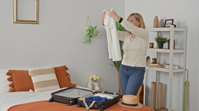 Woman middleage blonde smiling packing a suitcase on a bed, placing a straw hat with both hands beside an open case in a building; vacation anticipation.