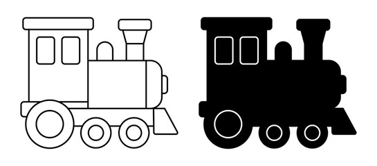 Black and white outline and silhouette icons of a vintage steam train engine for children toy or transport design projects © Rasel