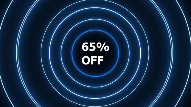 Glowing neon circles with sixty five percent off text announcement for sales promotions. Sale discount offer with percent icon and neon glowing blue circle. Modern retail marketing concept.