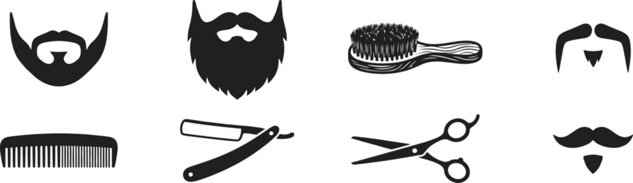 Barber shop tools and facial hair styles collection black and white icons
